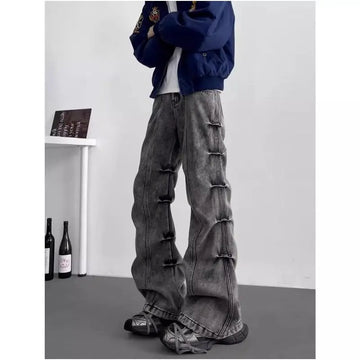 Riolio American hip-hop retro personality straight leg men and women pleated washed jeans for couples loose retro Harajuku casual pants